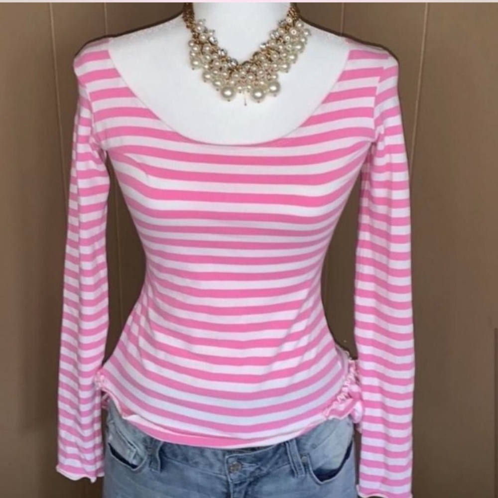 Vintage Y2K Betsey Johnson pink/white striped ruffle accent top S